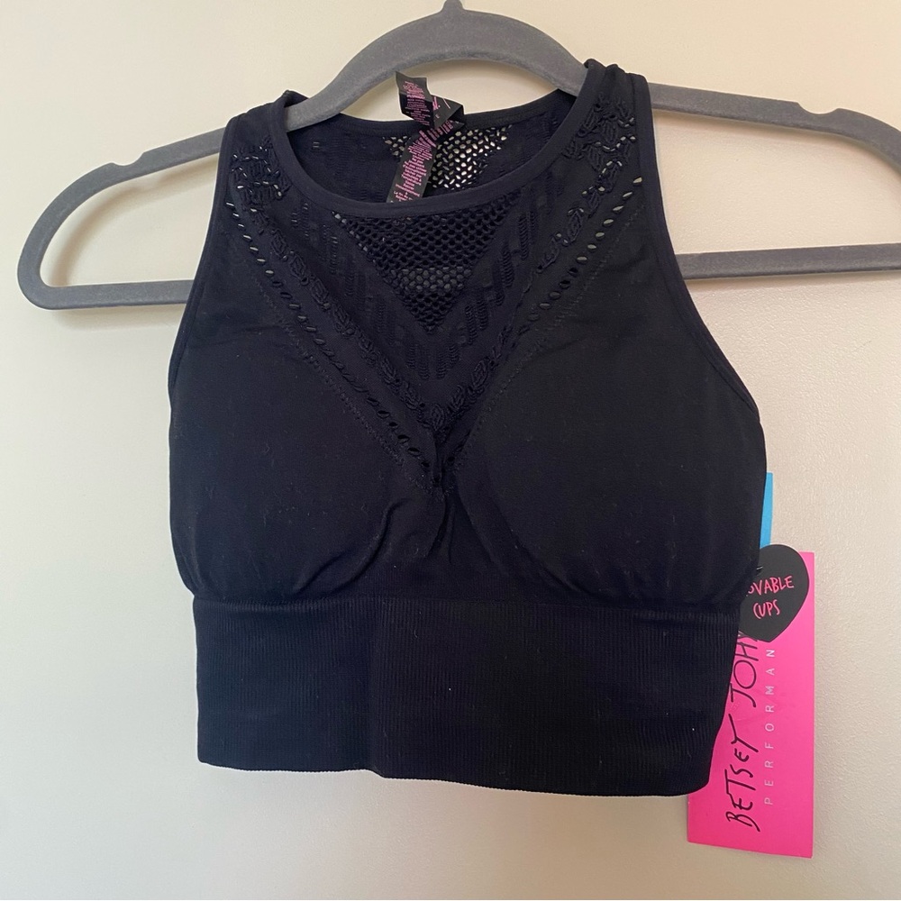 NWT Betsey Johnson | Black Racerback Pullover Removable Cup Sports Bra, XS